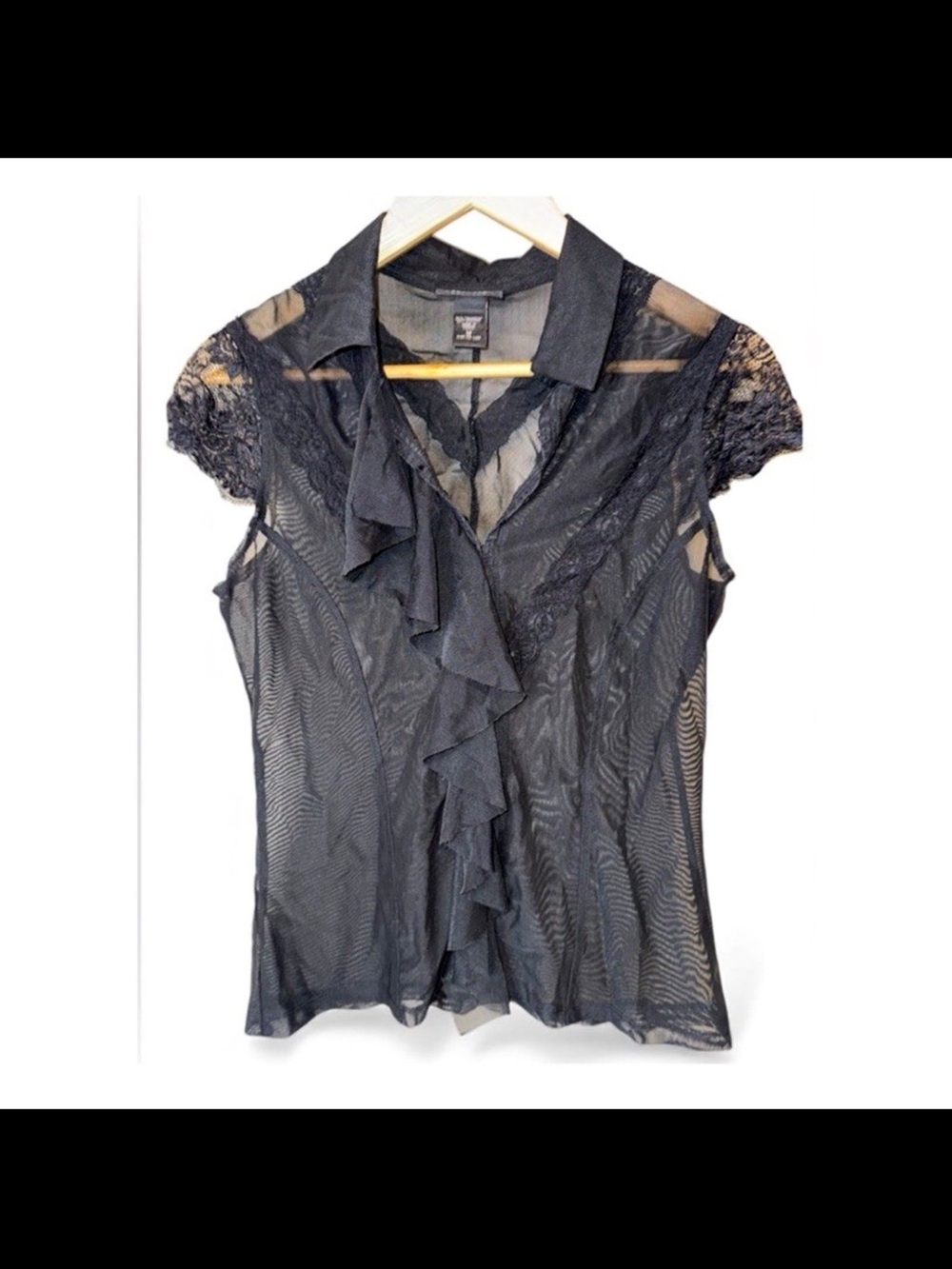 Express Black Sheer Lace Ruffle-Front Blouse